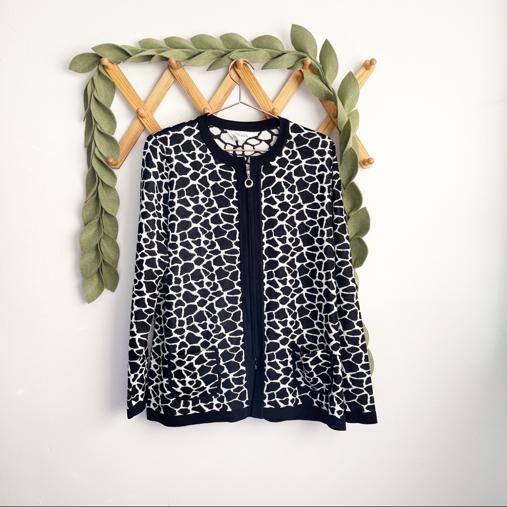 Misook Black and White Animal-Print Zip Cardigan